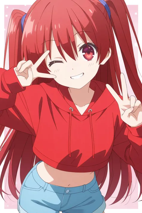 tsukasa_yuzaki, Anime style, red hair, red eyes, long hair, hair between eyes, bangs, red cropped hoodie, blue shorts,Cute anime girl with straight long hair, winking with one eye closed, making a V-sign (peace sign) with fingers over her open eye, smiling...