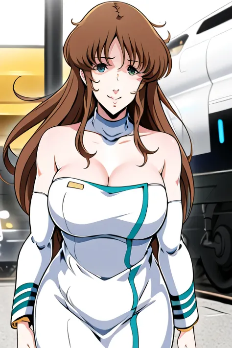 Walking with long brown hair，green line in a white military uniform，Faces are important， white clothes ，erotic face,,nice smile，Big breastsでもウエストが細い，Can you draw  a woman looking at a train，目の前の車の前で待っている女性をCan you draw ，東京の地下鉄ホームでWaiting for a train女性はCan ...
