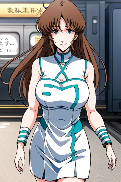 Walking with long brown hair，green line in a white military uniform，Faces are important， white clothes ，erotic face,,nice smile，Big breastsでもウエストが細い，Can you draw   a woman looking at a train，目の前の車の前で待っている女性をCan you draw  ，東京の地下鉄ホームでWaiting for the train 女性...