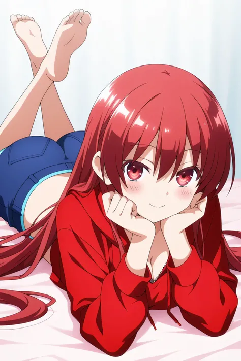 tsukasa_yuzaki, Anime style, red hair, red eyes, long hair, hair between eyes, bangs, red cropped hoodie, blue shorts,  the pose, on stomach, feet up, lying, soles, feet, legs up, head rest, barefoot, cleavage, ass, looking at viewer, smile, blush,