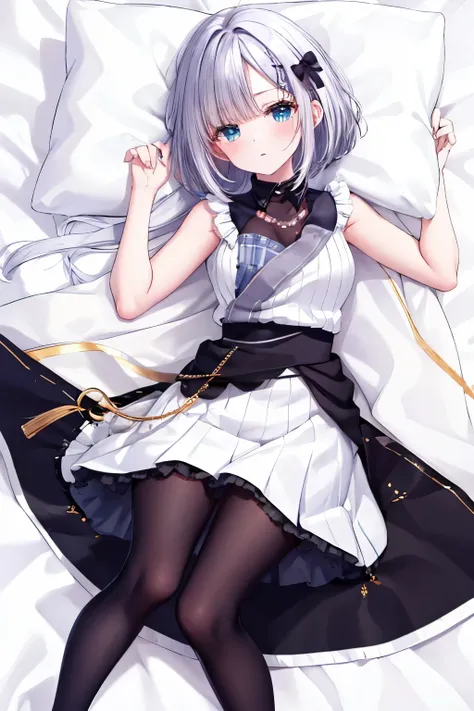 (masterpiece, top quality:1.2), Virtual YouTuber, white sleeveless knit, Black Ruffle Skirt, black tights, long, beautiful legs, bed, white sheets, sleep on your back, angle above , embarrassed, Seducing Men, Full Body