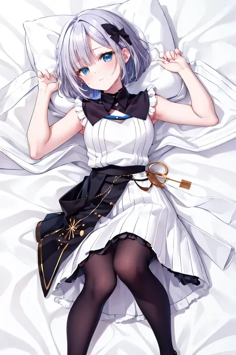(masterpiece, top quality:1.2), Virtual YouTuber, white sleeveless knit, Black Ruffle Skirt, black tights, long, beautiful legs, bed, white sheets, Lie on your back, angle from above , embarrassed, Seducing Men, Full Body