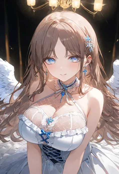 ( top quality , 8k , masterpiece, ),   younger , 1 person ,  Extremely Elaborate Eyes and Face   , pale chestnut brown hair  、  fluffy long hair、( pale blue eyes：1.2 ) ,(Innocent笑顔：1.5)   , (  lace white dress、 with collar、lace tights、see-through、 corset t...
