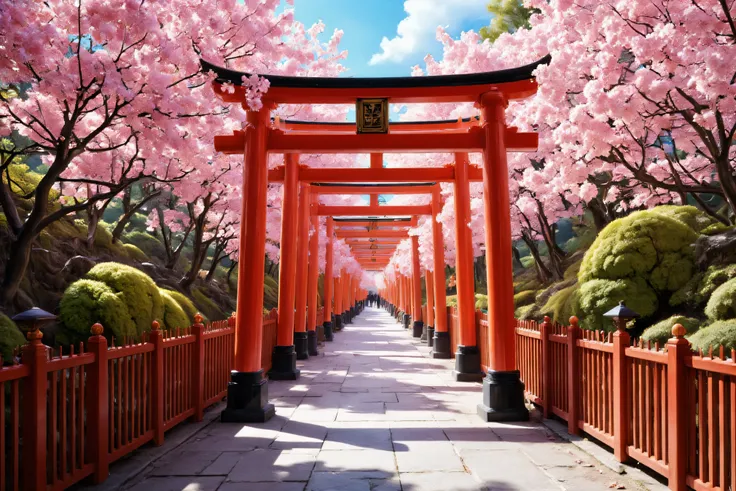 spring、Kyoto、Fushimi Inari ，cherry blossoms、Continuous torii gate、realistic、calm appearance、Mysterious footage,oil、Breathtaking beauty、Immersive and Powerful