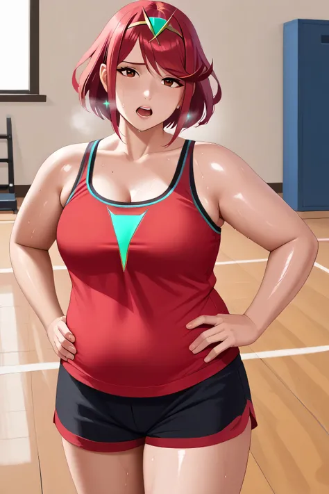 score_9, score_8_up, score_7_up, BREAK, 1girl, solo, pyra \(xenoblade\), xenoblade chronicles \(series\), tiara, solo, red eyes, 1girl, solo, jewelry, makeup, casual, cowboy shot, looking at the viewer, large breasts, hand on hips, red tanktop, sweaty, bla...