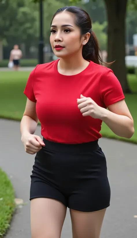 seorang wanita, running in a city park during drizzling rain, body looking camera, use a red short-sleeved t-shirt, short skirt in black , big boobs g-cup, Hair tied ponytail , lipstik merah, perfect body