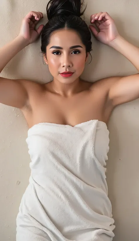 water droplets create a wet water effect,seorang wanita, lying supine on the mattress, wet mattress exposed to water, wet body exposed to water, using a towel to wrap the body, bahu telanjang, lengan telanjang, G cup size breasts, short black wet hair tied...