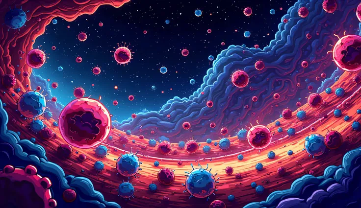 A 2d indian cartoon style, Vibrant microscopic world, colorful atoms and lattice, atoms and molecules moving here and there, bold black outlines, good view