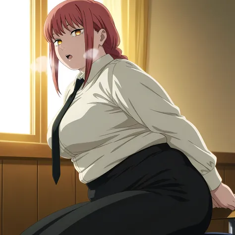 masterpiece, best quality, amazing quality,, makima, makima (chainsaw man), long hair, bangs, yellow eyes, braid, red hair, braided ponytail, ringed eyes, mature female, medium breasts, anime screencap, shirt, long sleeves, white shirt, necktie, collared ...