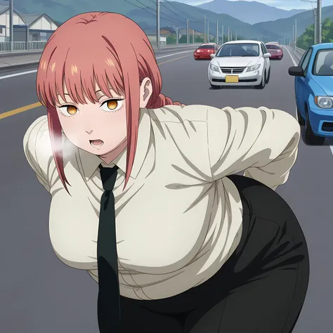 masterpiece, best quality, amazing quality,,  makima, makima (chainsaw man), long hair, bangs, yellow eyes, braid, red hair, braided ponytail, ringed eyes, mature female, medium breasts, anime screencap, shirt, long sleeves, white shirt, necktie, collared ...