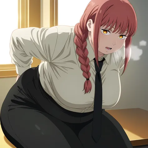 masterpiece, best quality, amazing quality,,  makima, makima (chainsaw man), long hair, bangs, yellow eyes, braid, red hair, braided ponytail, ringed eyes, mature female, medium breasts, anime screencap, shirt, long sleeves, white shirt, necktie, collared ...