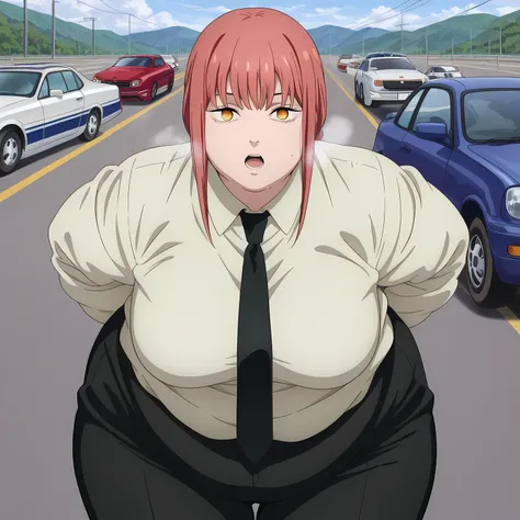 masterpiece, best quality, amazing quality,,  makima, makima (chainsaw man), long hair, bangs, yellow eyes, braid, red hair, braided ponytail, ringed eyes, mature female, medium breasts, anime screencap, shirt, long sleeves, white shirt, necktie, collared ...