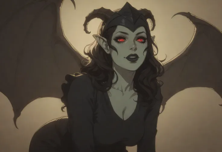 Seductive female creature. be half angel, half devil. Obsidian skin. unhealthy appearance. dnd character.  dnd.