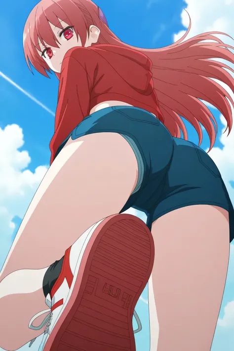 tsukasa_yuzaki, Anime style, red hair, red eyes, long hair, hair between eyes, bangs, red cropped hoodie, blue shorts, hud_v4nspose, sneakers, from below, solo, sky, foreshortening, perspective,