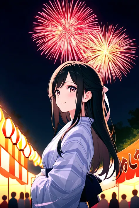 high quality,4K,HDR,professional,Black Haired Woman,Wearing a yukata,Long hair,Summer festival food stalls,Dark Night Background,festival atmosphere,Festival lighting,Bright Colors