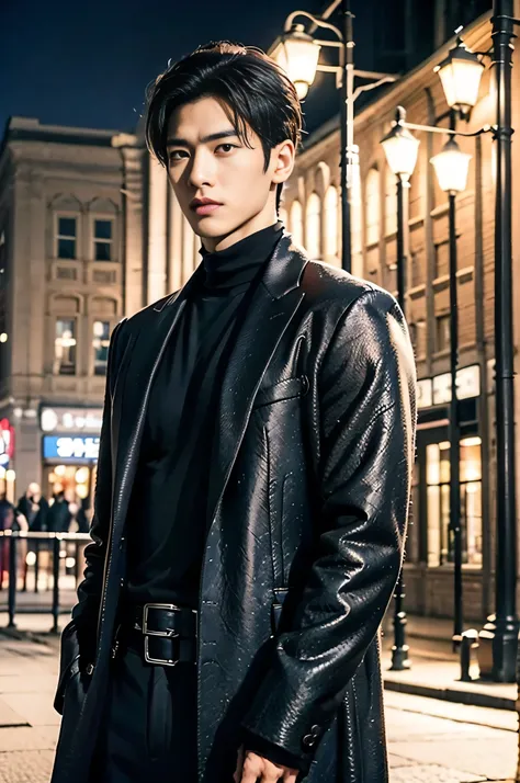 A 25-year-old Asian man, Thick eyebrows, Melon seed face, Handsome face, Men's full body, The background city night street view, Time is night, Deep blue sky, A full moon, his skin is fair, He is slender, the limbs have pronounced muscle lines, high-defini...