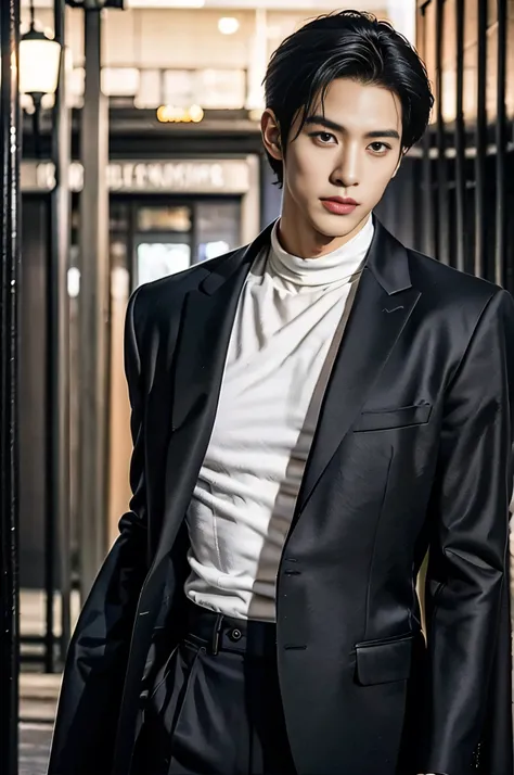 A 25-year-old Asian man, Thick eyebrows, Melon seed face, Handsome face, Men's full body, The background city night street view, Time is night, Deep blue sky, A full moon, his skin is fair, He is slender, the limbs have pronounced muscle lines, high-defini...
