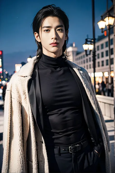 A 25-year-old Asian man, Thick eyebrows, Melon seed face, Handsome face, Men's full body, The background city night street view, Time is night, Deep blue sky, A full moon, his skin is fair, He is slender, the limbs have pronounced muscle lines, high-defini...