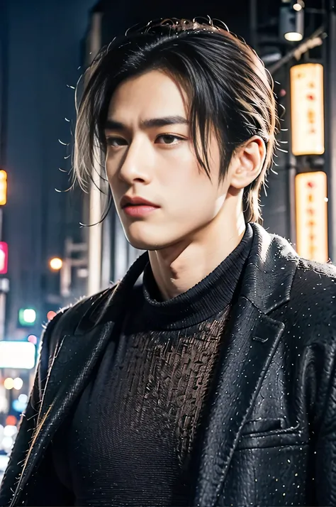 A 25-year-old Asian man, Thick eyebrows, Melon seed face, Handsome face, Men's full body, The background city night street view, Time is night, Deep blue sky, A full moon, his skin is fair, He is slender, the limbs have pronounced muscle lines, high-defini...