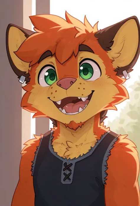 Tops, amazing quality, very aesthetic, absurdities, The newest, by Pache Riggs, male focus, 1 child, Alone, BREAK
hairy , zorro, silver earring, Green eyes, short hair, Bicolor fur, orange fur, only, happy,  smile, , fangs, 