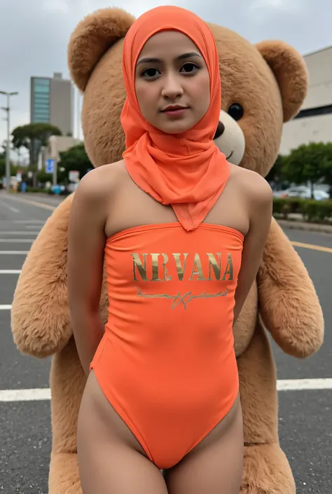 MANDI BUIH Disappointed facial expression, Front posing, Wearing Scarf neck tie, Front posing, SUPER SKINNY, (Thighs and calves huge muscles), (((MOODY FACE EXPRESSION))), "Wearing Hijab perfectly",  wearing Scoop Neck Sleeveless neon light oren Bodysuits ...