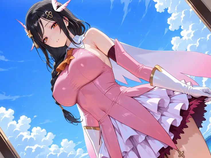 solo,masterpiece,best quality, amazing quality, highres, absurdres, very aesthetic, high resolution, ultra detailed, perfect details,nijitomoe,large breasts,orange eyes,black hair,makeup,long hair,single braid,hair over sholuder,hair ornament,  prisma illy...