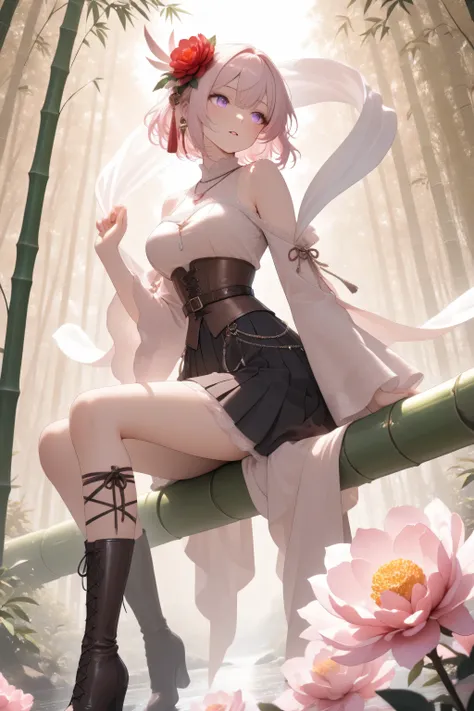1 girl, violet eyes, light pink hair, short hair, cool, beautiful, medium breast, very cute, lovely, kawaiihair flower, roses, light brown vintage Pleated blouse with bell sleeves and bare shoulders brown vintage-gothic lace-up corset, long black gothic sk...