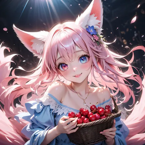 (((Highest quality, 8K, highest resolution, masterpiece, ultra-realistic)), ((Lots of cherries)), ((Red eyeliner, red eyeshadow)), ((Odd-eyed elementary school student, nine-tailed fox)), ((Heterochromia, blue eyes, red eyes)), ((Sparkling and detailed eye...