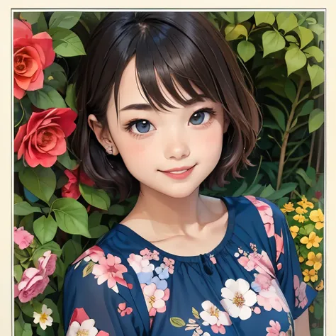 393 ((young woman)),(shorthair),(Neat hair),(floral dress),(Archaic Smile)