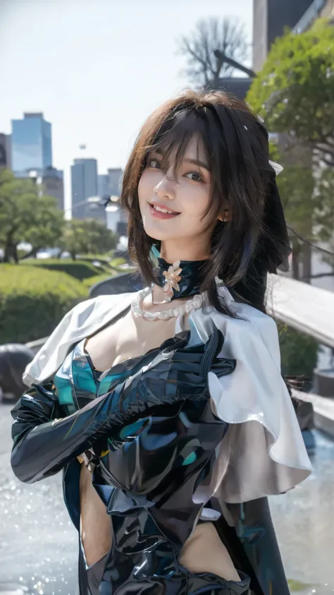 (Masterpiece), best quality, HD, 4K, expressive eyes, perfect face, blue eyes, greeneyes, black choker, smiles, ruby necklace, masterpiece,best quality,(cityscape:1.4),(street:1.4),(outdoors:1.3),(photorealistic:1.4),(ultra detailed:1.3),unity 8k wallpaper...