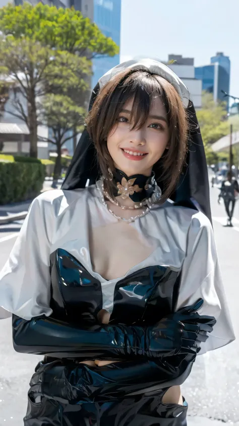 (Masterpiece), best quality, HD, 4K, expressive eyes, perfect face, blue eyes, greeneyes, black choker, smiles, ruby necklace, masterpiece,best quality,(cityscape:1.4),(street:1.4),(outdoors:1.3),(photorealistic:1.4),(ultra detailed:1.3),unity 8k wallpaper...
