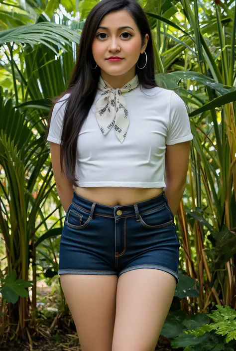 Pohon kelapa sawit, BURSTING UNDER-BREASTS, Disappointed facial expression, Front posing, Wearing Scarf neck tie, Front posing, (((MOODY FACE EXPRESSION))), "Wearing Hijab perfectly", wearing loose Oversize Cropped cotton T-shirt and too much very short de...