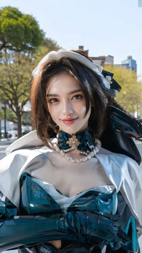 (Masterpiece), best quality, HD, 4K, expressive eyes, perfect face, blue eyes, greeneyes, black choker, smiles, ruby necklace, masterpiece,best quality,(cityscape:1.4),(street:1.4),(outdoors:1.3),(photorealistic:1.4),(ultra detailed:1.3),unity 8k wallpaper...