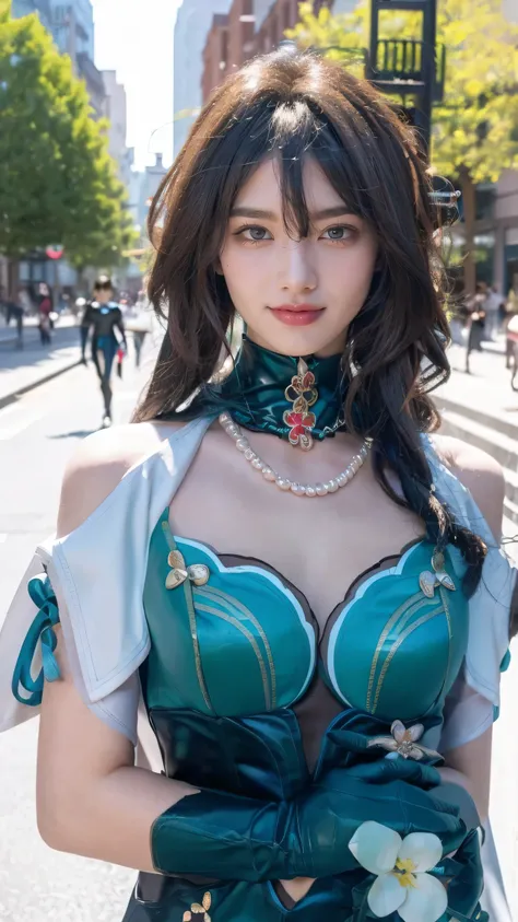 (Masterpiece), best quality, HD, 4K, expressive eyes, perfect face, blue eyes, greeneyes, black choker, smiles, ruby necklace, masterpiece,best quality,(cityscape:1.4),(street:1.4),(outdoors:1.3),(photorealistic:1.4),(ultra detailed:1.3),unity 8k wallpaper...