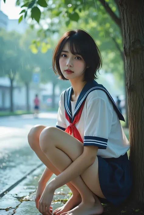 RAW photograph of young japanese woman (squatting) in sheer school uniform with a little cropped. she is wearing a white school uniform with a navy blue sailor collar and a red ribbon tied around her neck and and a navy blue skirt. she is leaning against a...