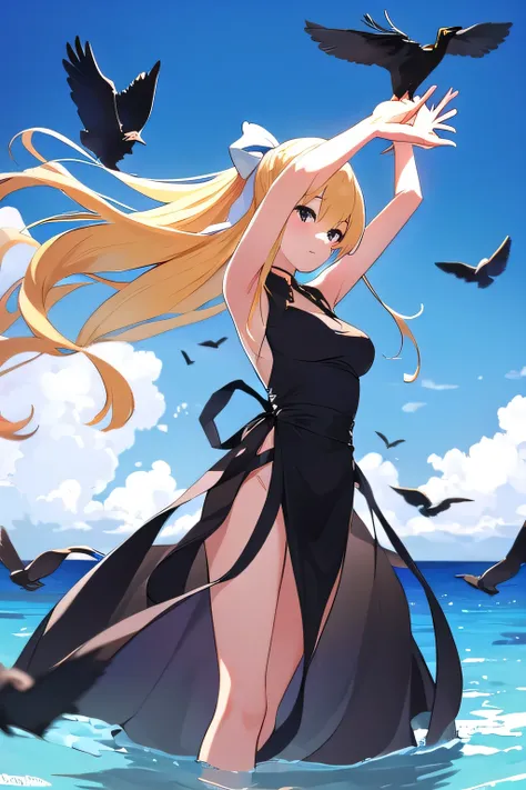 ((best quality)), ((masterpiece)), (detailed),1 girl。kamio misuzu。air。Blue Sky。Irido Cloud。((Crows fly))。stretches out her arms。posing。