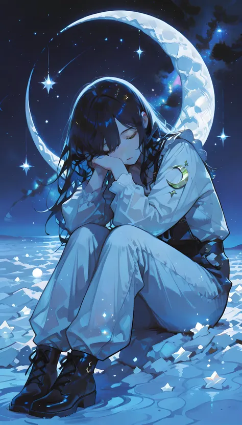 The image depicts a woman sitting on a large, textured crescent moon. She is wearing a lace-like outfit and has long, dark hair. The background is a starry night sky filled with numerous small blue and white stars, creating a cosmic ambiance. The woman app...