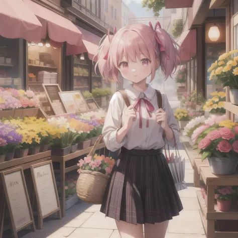 Shopping stroll with basket in hand, in front of a flower shop, short_hair, pink_hair, short_pigtails, hair_ribbon, side_locks, bangs, pink_eyes.