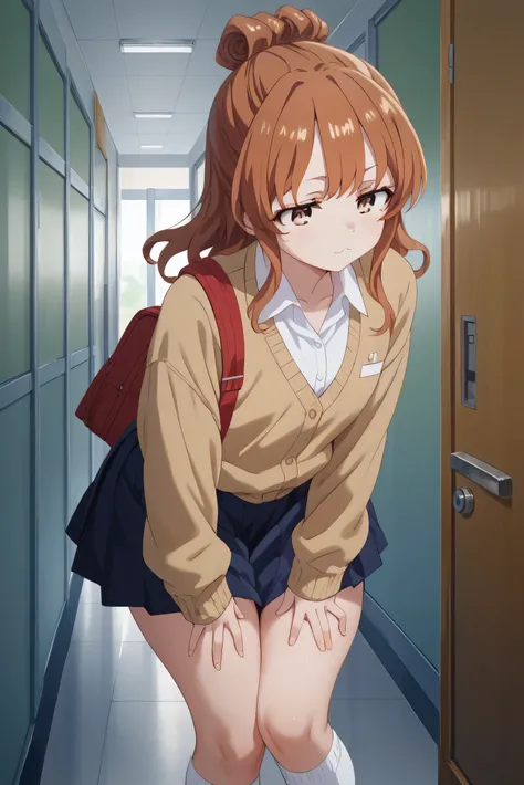 1girl, Japanese, moeko sekine, long hair, skirt, brown hair, brown eyes, hair bun, single hair bun, sidelocks, high school uniform, white knee-high socks, thick thighs, smooth skin, seductive yet shy expression, standing provocatively in a school hallway, ...