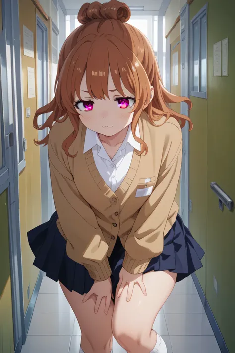 1girl, Japanese, moeko sekine, long hair, skirt, brown hair, brown eyes, hair bun, single hair bun, sidelocks, high school uniform, white knee-high socks, thick thighs, smooth skin, seductive yet shy expression, standing provocatively in a school hallway, ...