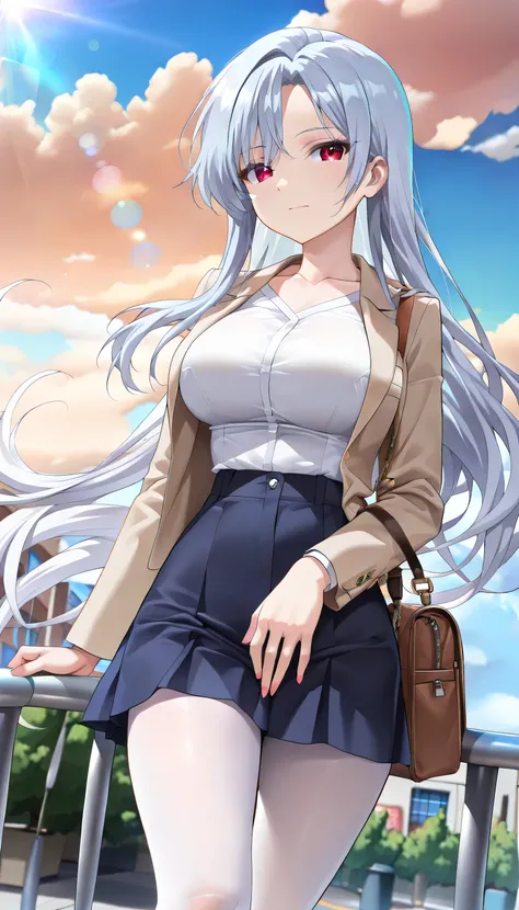 Simple White Background,clouds and a blue sky,
white shirt,brown bag,collarbone,Biege jacket,
red eyes, silver hair,bangs,Long_hair,
1 girl, 20yo,Young female,NanoEiaiyongyi,,Beautiful long legs,Beautiful body,
Beautiful Nose,Beautiful character design, pe...