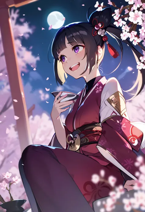 score_9, score_8_up, score_7_up, score_6_up, (1girl, solo:1.3), black hair, ponytail Hair , Silver accessories, Purple eyes , Shrine maiden, sitting, ,I have sake , night, full moon, gold hair ornament , cherry blossoms in full bloom, without characters, r...