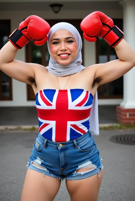 Chubbyfront view, Malaysian hijab-wearing mother. (Wearings British flag top strapless ). BOTH HANDS IN STRAIGHT UP LIFT WEARING RED BOXING GLOVES, hairy Arm pit, too much very short denim micro-shorts unbuttone.