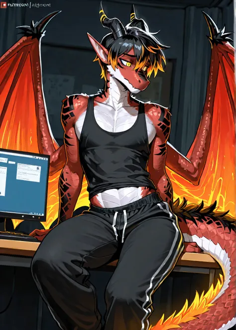 Male anthro dragon, adult, red scales and fur mixed with black markings, long tail, big wings, long straight horns, big and long pointed ears, looks like a dracthyr , yellow eyes, white scales on underbelly, black stripe markings on legs, black fur along s...