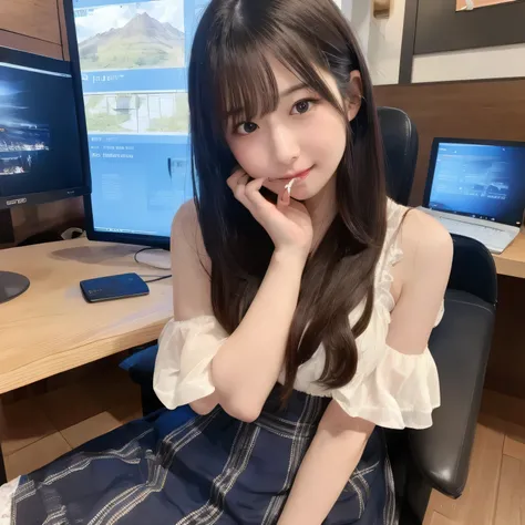 A beautiful girl wearing a neat dark blue and white maid outfit. She is sitting on a fully reclined seat in a typical Japanese manga café semi-private booth. Around her are a computer monitor, a stack of manga books, and a drink cup nearby. She holds both ...
