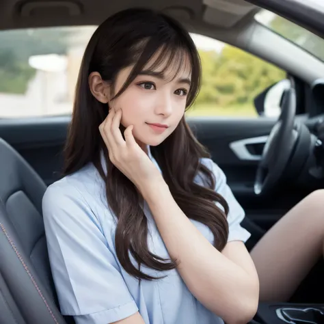 A beautiful girl sitting in the passenger seat of a compact car. She's wearing a light blue nurse uniform with a matching nurse cap, styled in a soft, elegant way. She leans slightly toward the driver's seat, her upper body tilted forward naturally. Her ha...