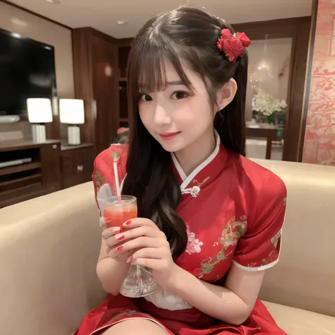 A cute girl with short light brown hair styled in two side buns, wearing a vivid red traditional Chinese dress with modest design details. She is sitting in a Japanese karaoke box, surrounded by a typical sofa, table, drink cup, and a moist hand towel. The...