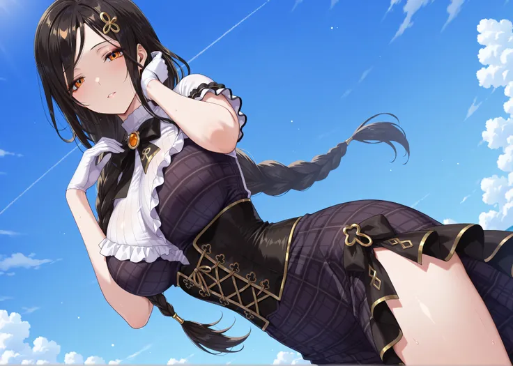 solo,masterpiece,best quality, amazing quality, highres, absurdres, very aesthetic, high resolution, ultra detailed, perfect details,nijitomoe,large breasts,orange eyes,black hair,makeup,long hair,single braid,hair over sholuder,hair ornament,  trailblazer...