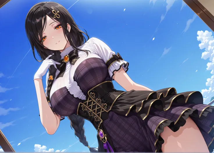 solo,masterpiece,best quality, amazing quality, highres, absurdres, very aesthetic, high resolution, ultra detailed, perfect details,nijitomoe,large breasts,orange eyes,black hair,makeup,long hair,single braid,hair over sholuder,hair ornament,  trailblazer...