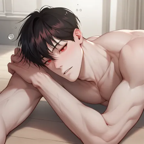 1 man,black-haired man,  without horse face, 20 years old /That guy , fine eyes , Red Eyes, white,Pretty cool ,Naked,muscular,Look as a teen,hd,Sleep drunk on the floor
